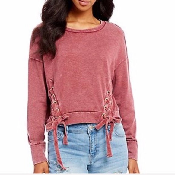 Madden NYC NYC G.I. Jane Maroon Acid Wash Lace-Up Crewneck Sweatshirt - Picture 5 of 5